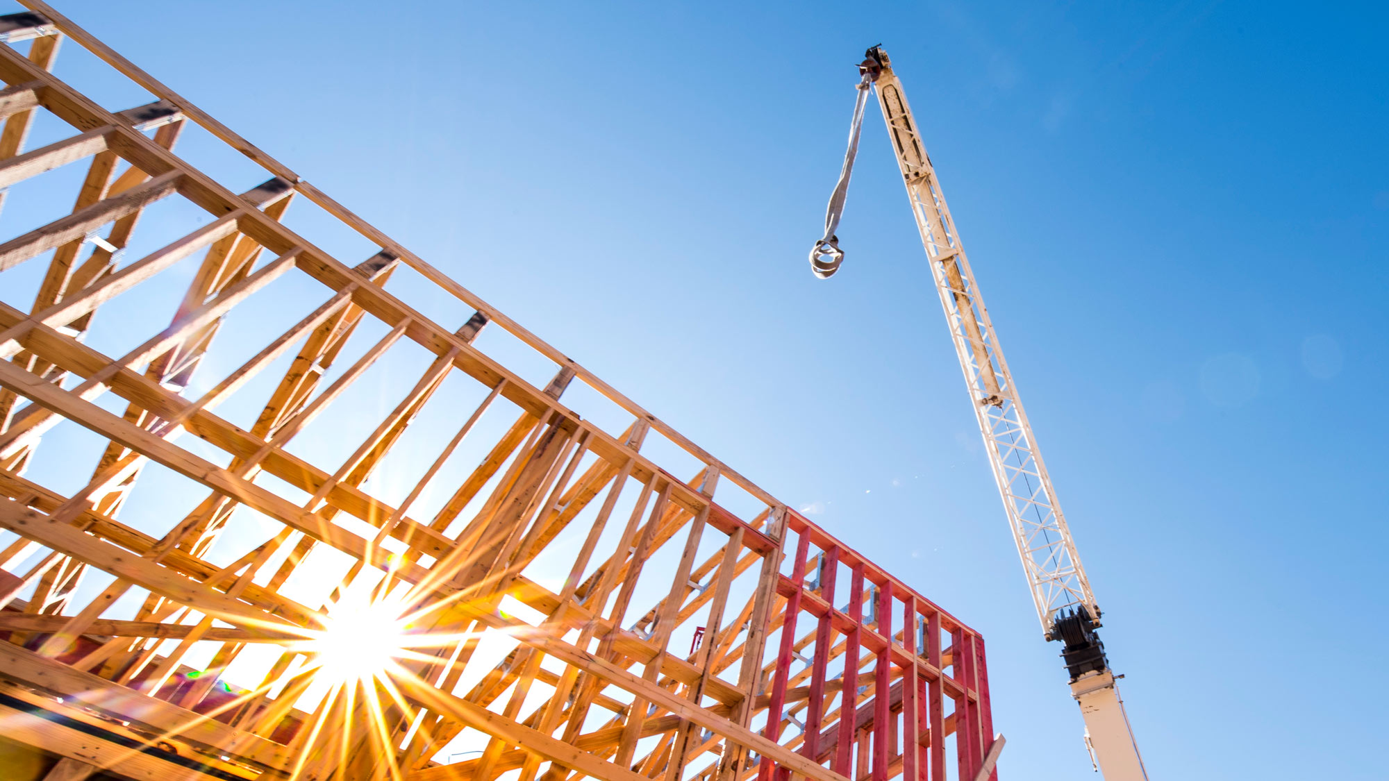 En byggnads trästomme och en byggkran i solsken